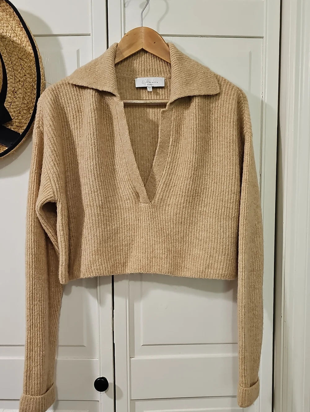 L'Academie Cropped V-Neck Polo Sweater - Beige Camel Wool And Alpaca Blend.